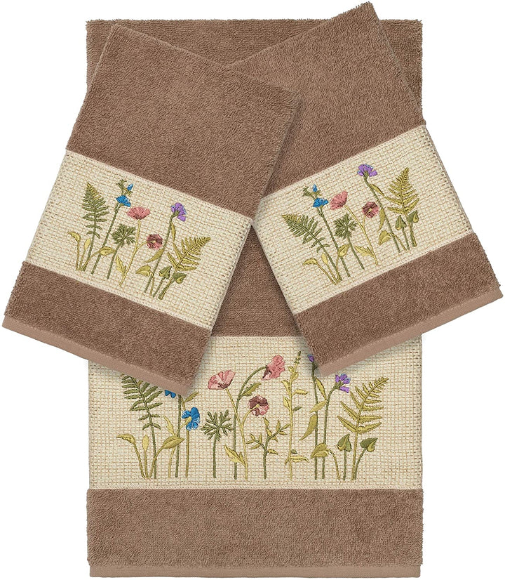 Brown Turkish Cotton Wildflowers Embroidered 3 Piece Towel