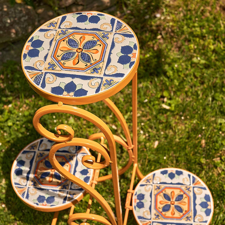 Set 2 Santa Fe Mosaic Plant Stands Large Yellow Round Iron - Diamond Home USA