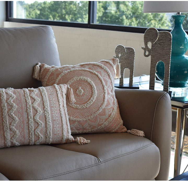 Corded Embroidered Decorative Throw Pillow Beige Stripe Bohemian Eclectic Canvas One Removable Cover - Diamond Home USA