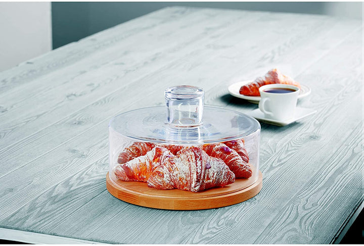 MISC European Wooden Cake/Cheese Plate W/Glass Dome Clear Dishwasher Safe
