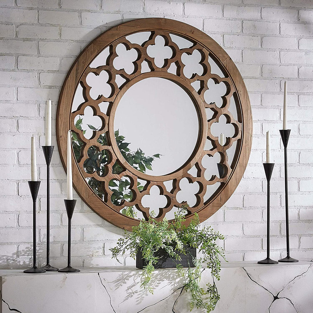 Wood Quatrefoil Cutout Round Wall Mirror Artisan Brown