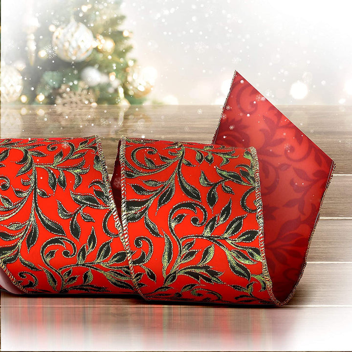 4" Printed Leaf Vine Velvet Ribbon Set 3 Red