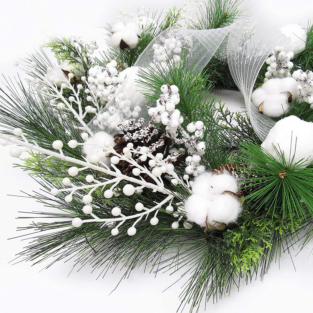 Frosty Cotton Berry Pine Cone Wreath 24in White 24" L X W 6" Dp Un lit - Diamond Home USA
