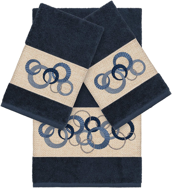 Turkish Cotton Circles Embroidered Midnight Blue 3 Piece