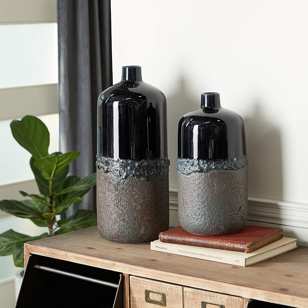 Round Black Glazed Ceramic Vase Grey Dipped Textured Body Set 2 15" 20" 8 X 19 Rustic - Diamond Home USA