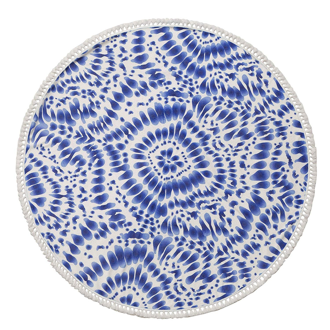 Tie Dye Round Beach Towel 60" White Indigo Blue Funky Design