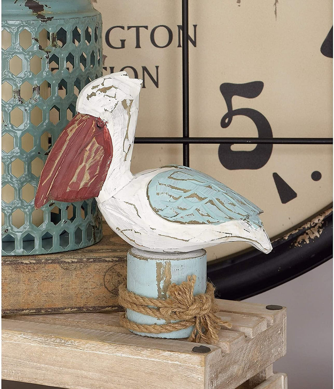 Wood Pelican Statue (10'' X 9'') Blue Brown White Nautical