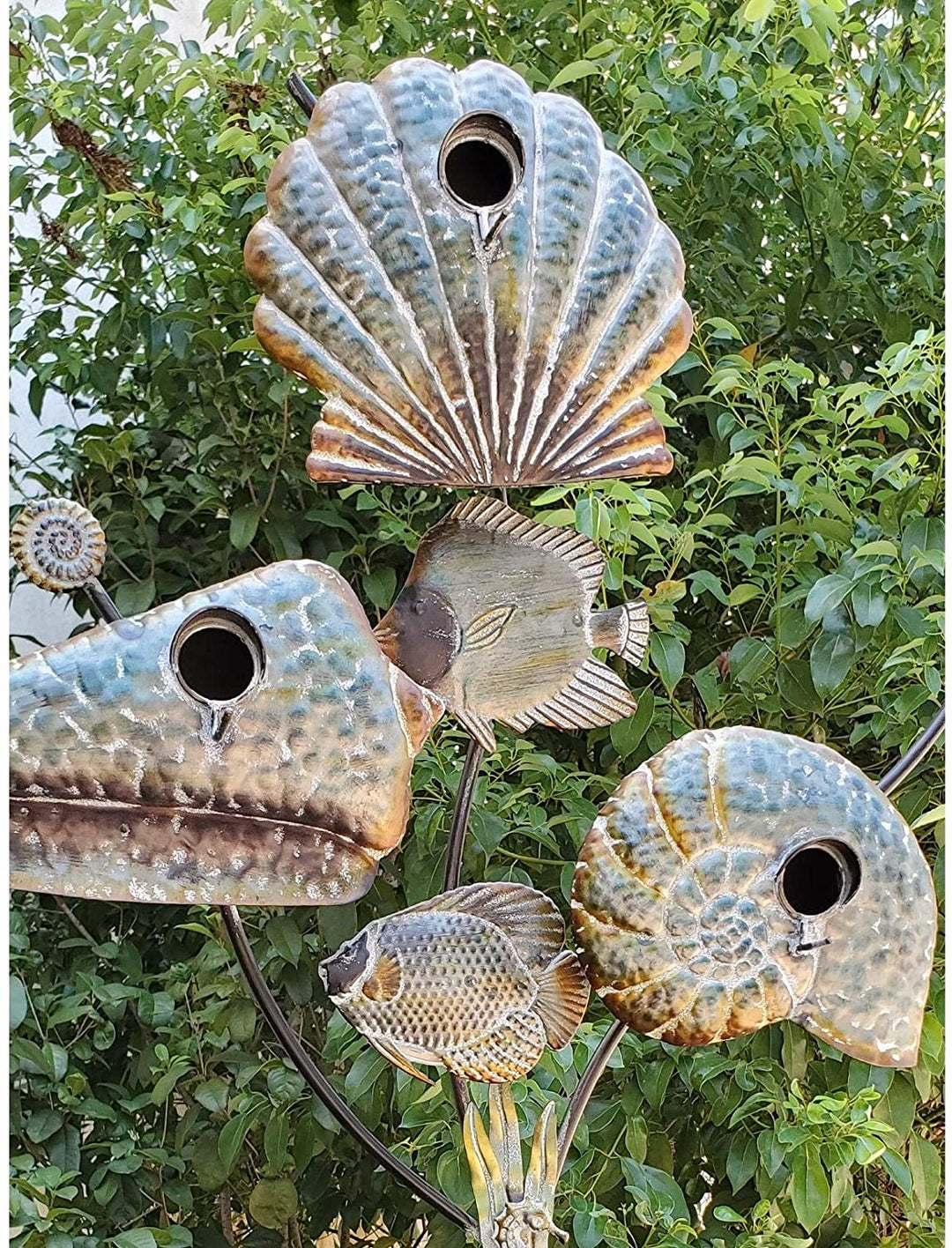 MISC Coastal Birdhouse Stake Seashells Grey Iron
