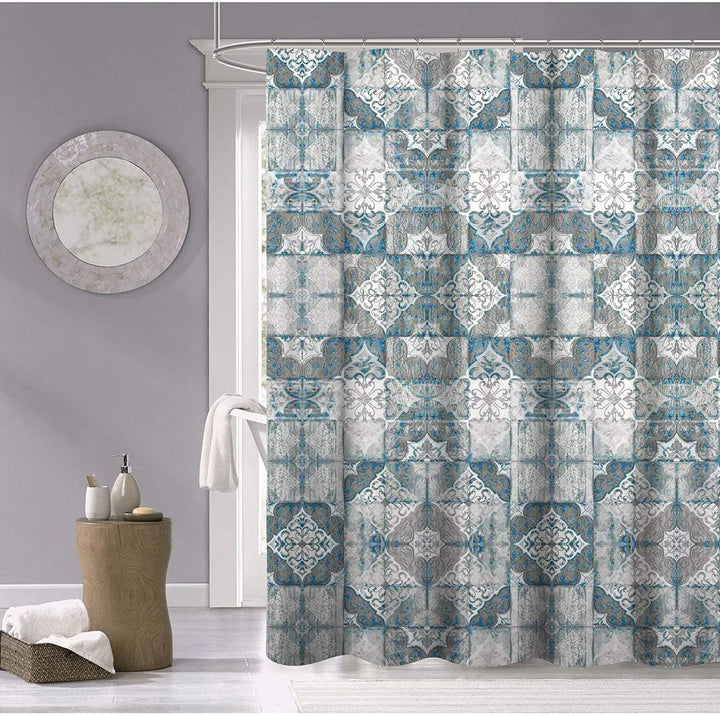 100% Cotton Tiles Fabric Shower Curtain 70" w X 72" l Blue