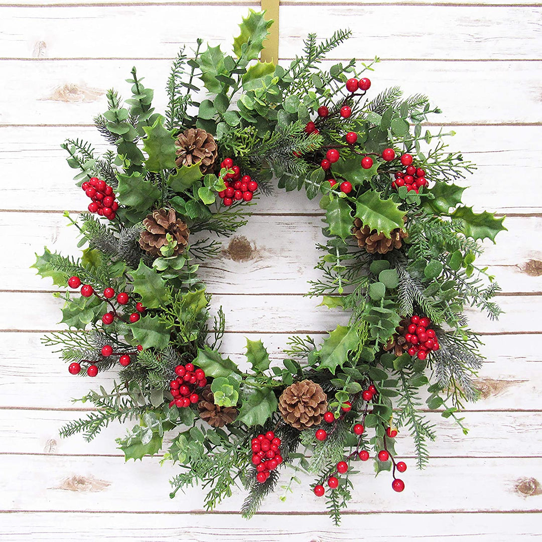 Mixed Berry Pine Cone Eucalyptus Wreath 24in Green Red 24" L