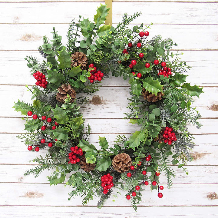 Mixed Berry Pine Cone Eucalyptus Wreath 24in Green Red 24" L