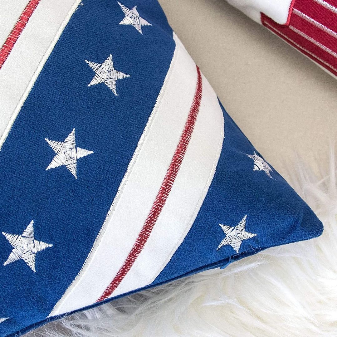Stripes Independence Day 20" Square Decorative Throw Pillow Blue Nature Velvet One - Diamond Home USA