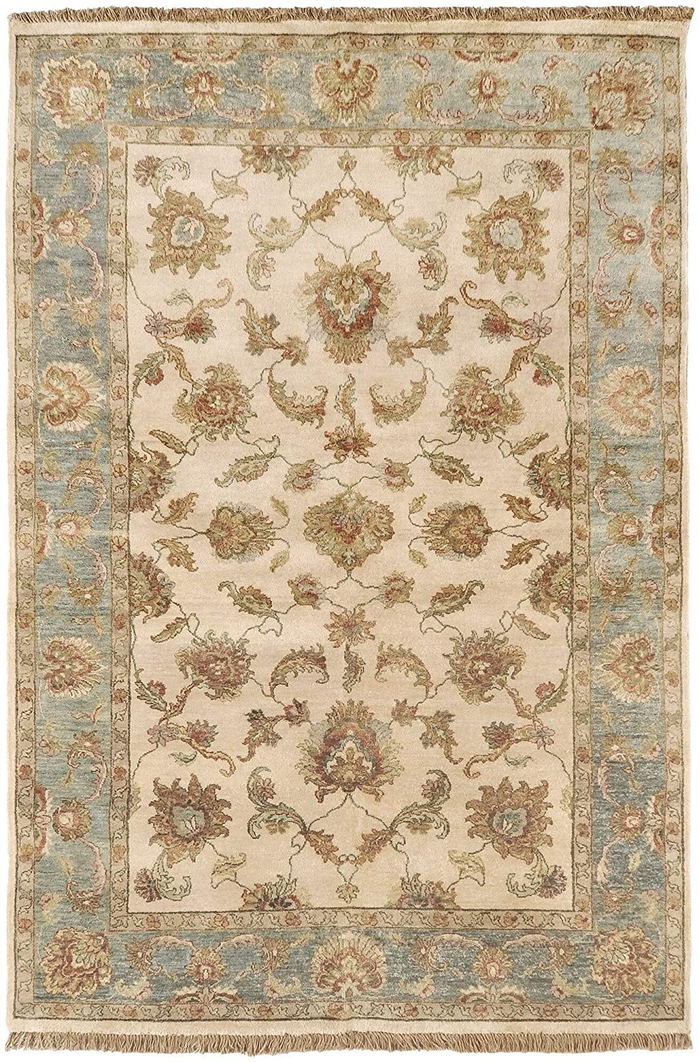 MISC Hand Knotted Green Wool Area Rug 2' X 3' Ivory White Border New Zealand Latex Free Handmade