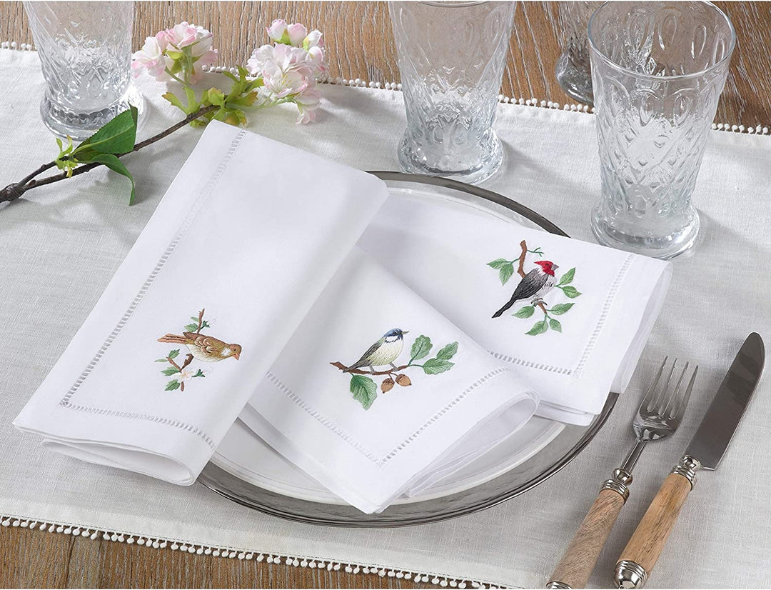 Woodpecker Embroidery Cotton Napkins Hemstitch Border (Set 6) White Embroidered Solid Classic Modern Contemporary Novelty Square - Diamond Home USA