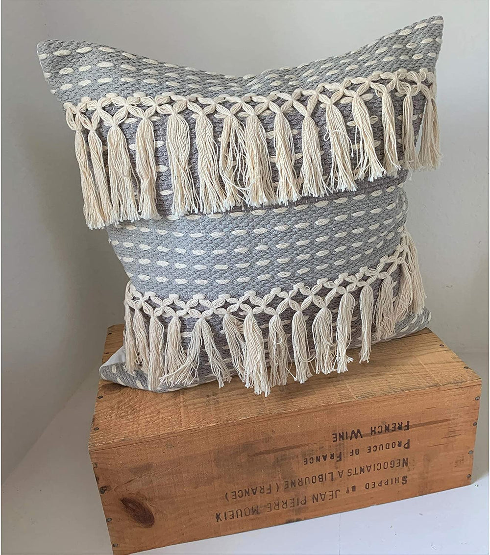 Handwoven Grey Tassels Accent Pillow Textured Nautical Coastal Cotton One - Diamond Home USA