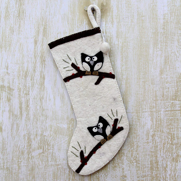 Handmade Owls Wool Felt Holiday Stocking (India) Beige