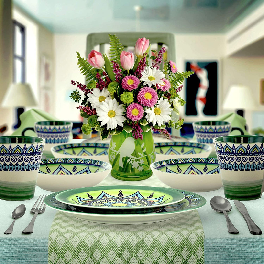 16 Piece Round Stoneware Dinnerware Set Green Floral Casual Microwave Safe - Diamond Home USA