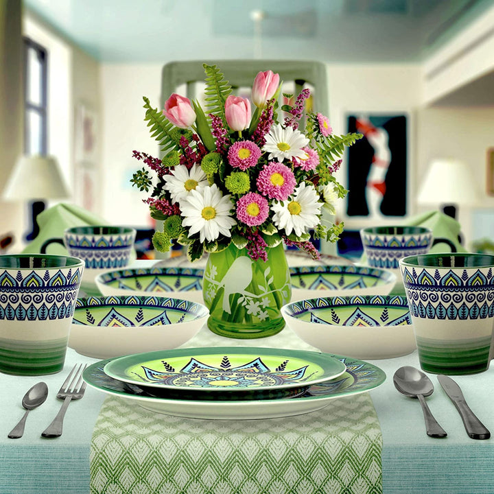16 Piece Round Stoneware Dinnerware Set Green Floral Casual Microwave Safe - Diamond Home USA