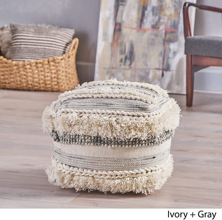 Handcrafted Boho Fabric Pouf Grey Bohemian Eclectic Farmhouse Modern Contemporary Solid Wool - Diamond Home USA