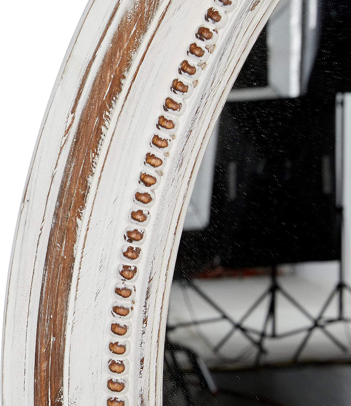Large Round Wood Wall Mirror Carved Beading Detail Distressed White Finish 36 5" X 37 X 1 37round - Diamond Home USA