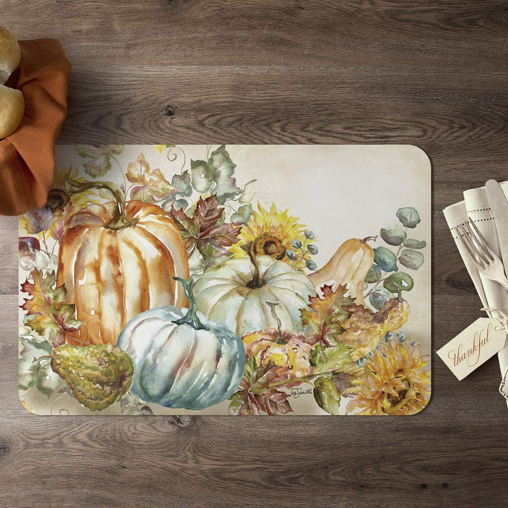 Wipe Clean Placemats Set 4 Harvest Pumpkins Sunflowers Color Rectangle Plastic - Diamond Home USA
