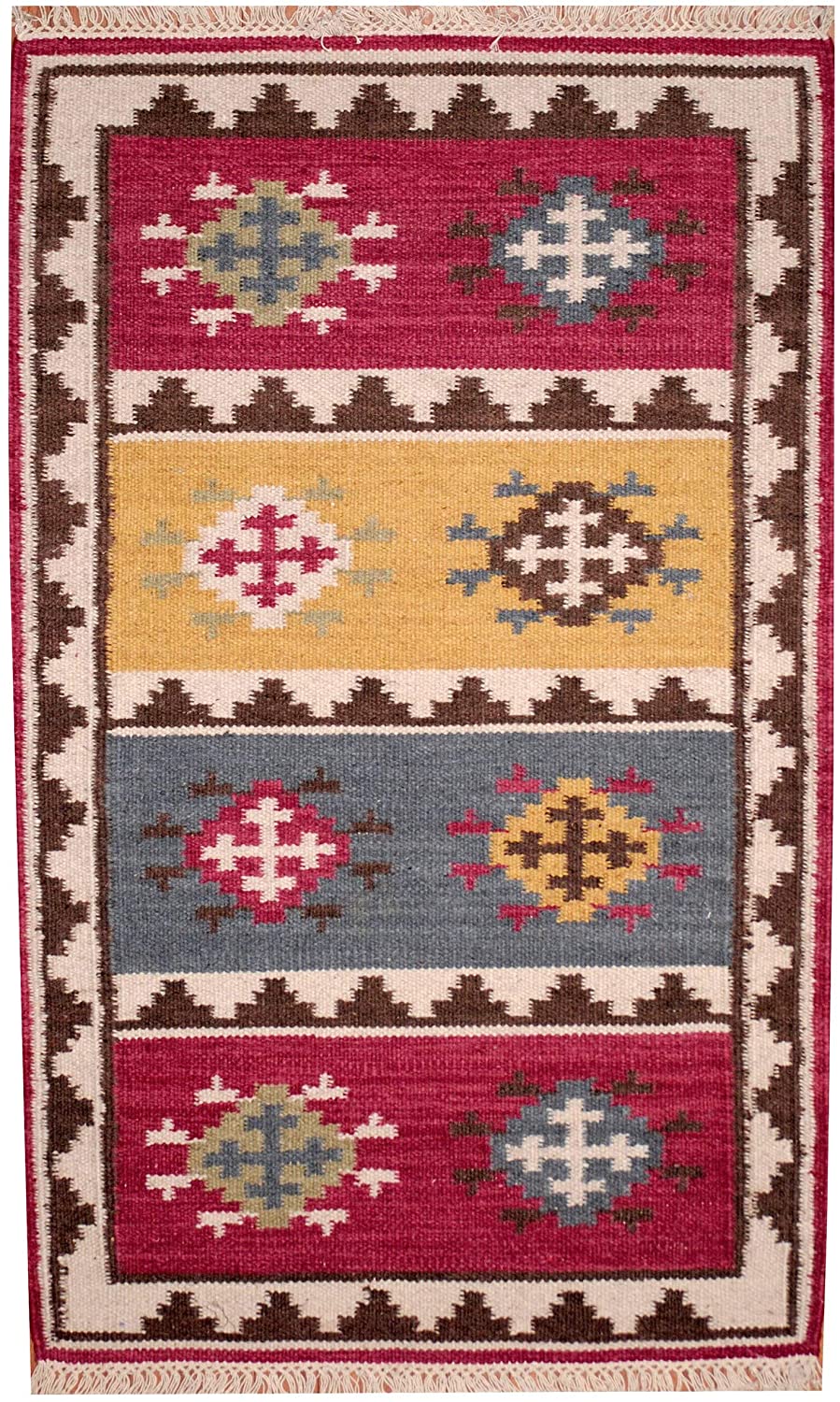 Handmade Vegetable Dye Tribal Wool Kilim Rug (India) 4' X 6' Red Geometric Oriental Cabin Lodge Rectangle Natural Fiber Latex Free - Diamond Home USA