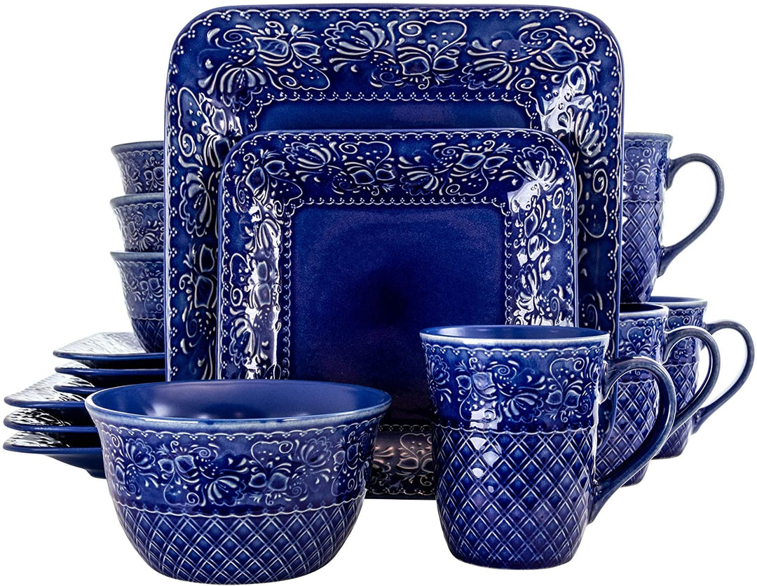 Indigo 16 Piece Square Stoneware Dinnerware Set Blue