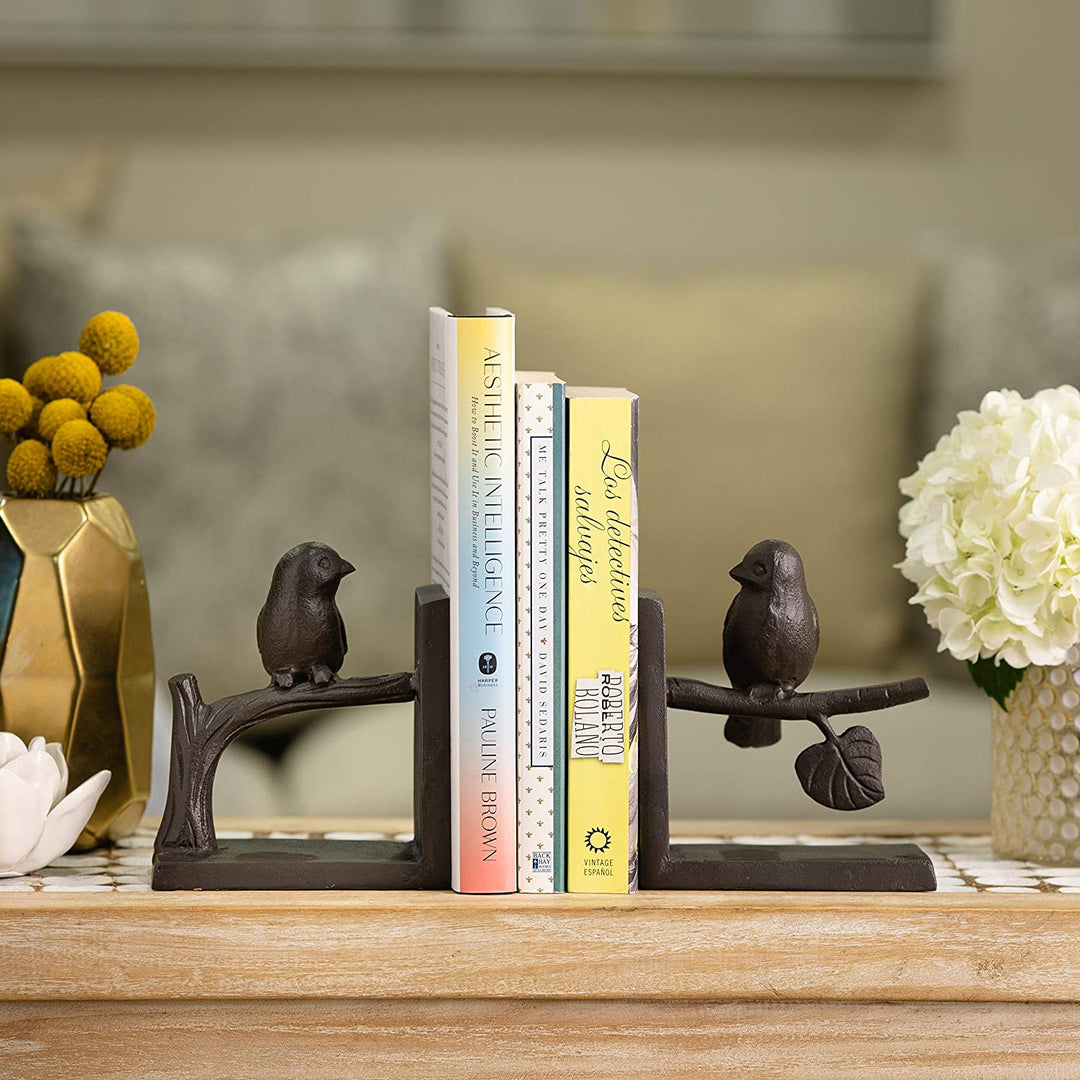 Birds Branch Cast Iron Bookend Set Brown Matte Handmade - Diamond Home USA