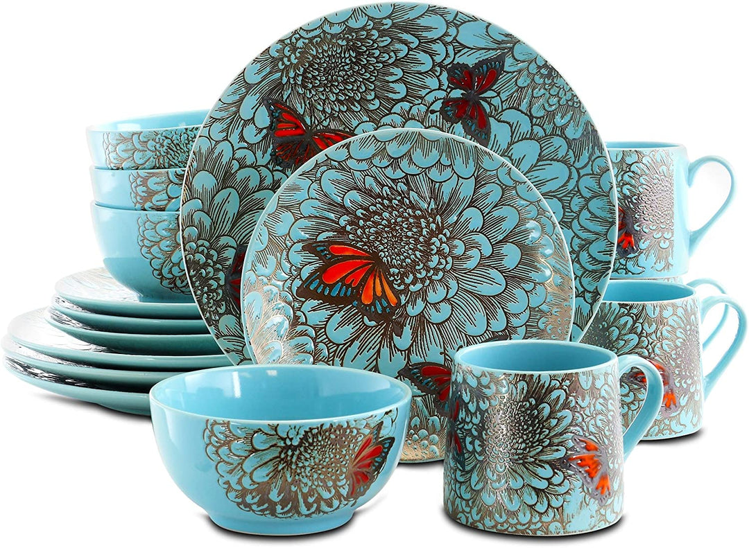Flower Garden 16 Piece Stoneware Dinnerware Set Blue