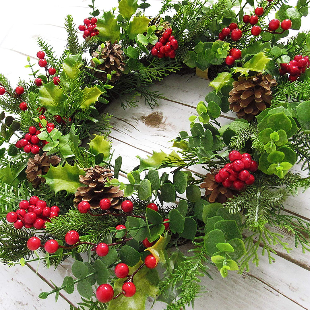 Mixed Berry Pine Cone Eucalyptus Wreath 24in Green Red 24" L X W 5 5" Dp Un lit - Diamond Home USA