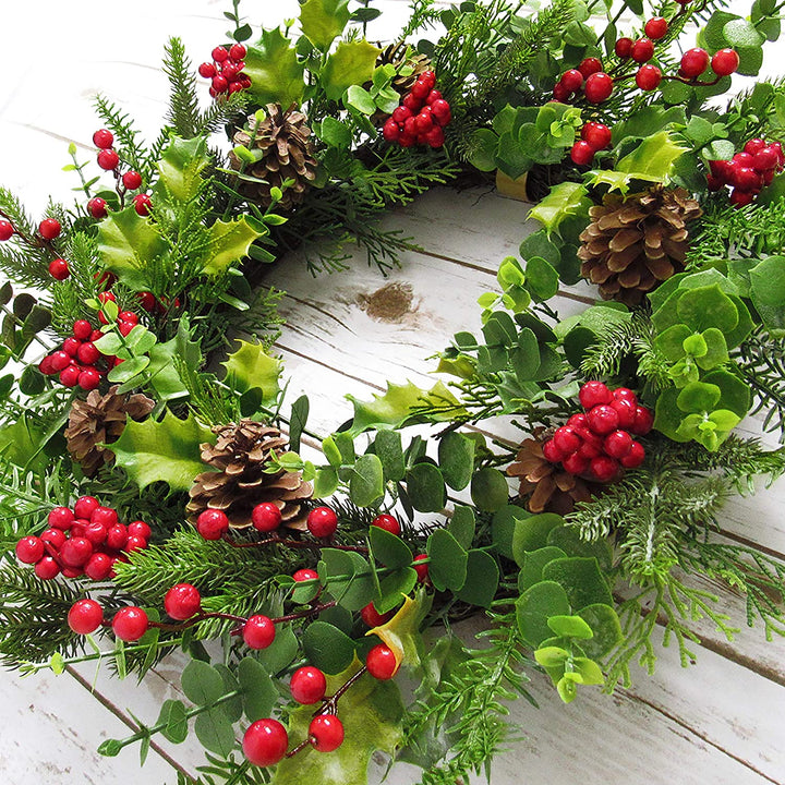 Mixed Berry Pine Cone Eucalyptus Wreath 24in Green Red 24" L X W 5 5" Dp Un lit - Diamond Home USA