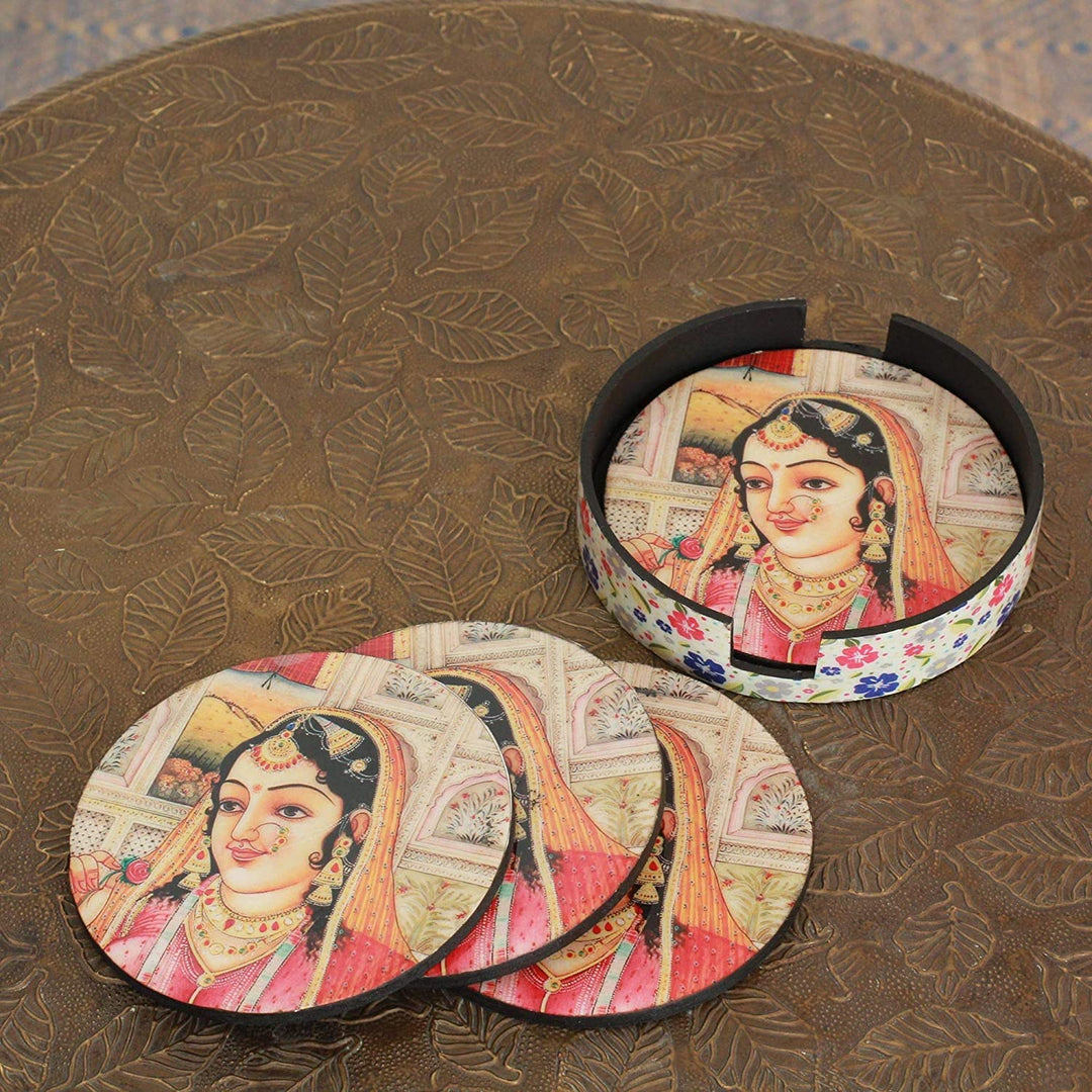 Handmade Set 4 Wood 'Mughal Muse' Coasters (India)