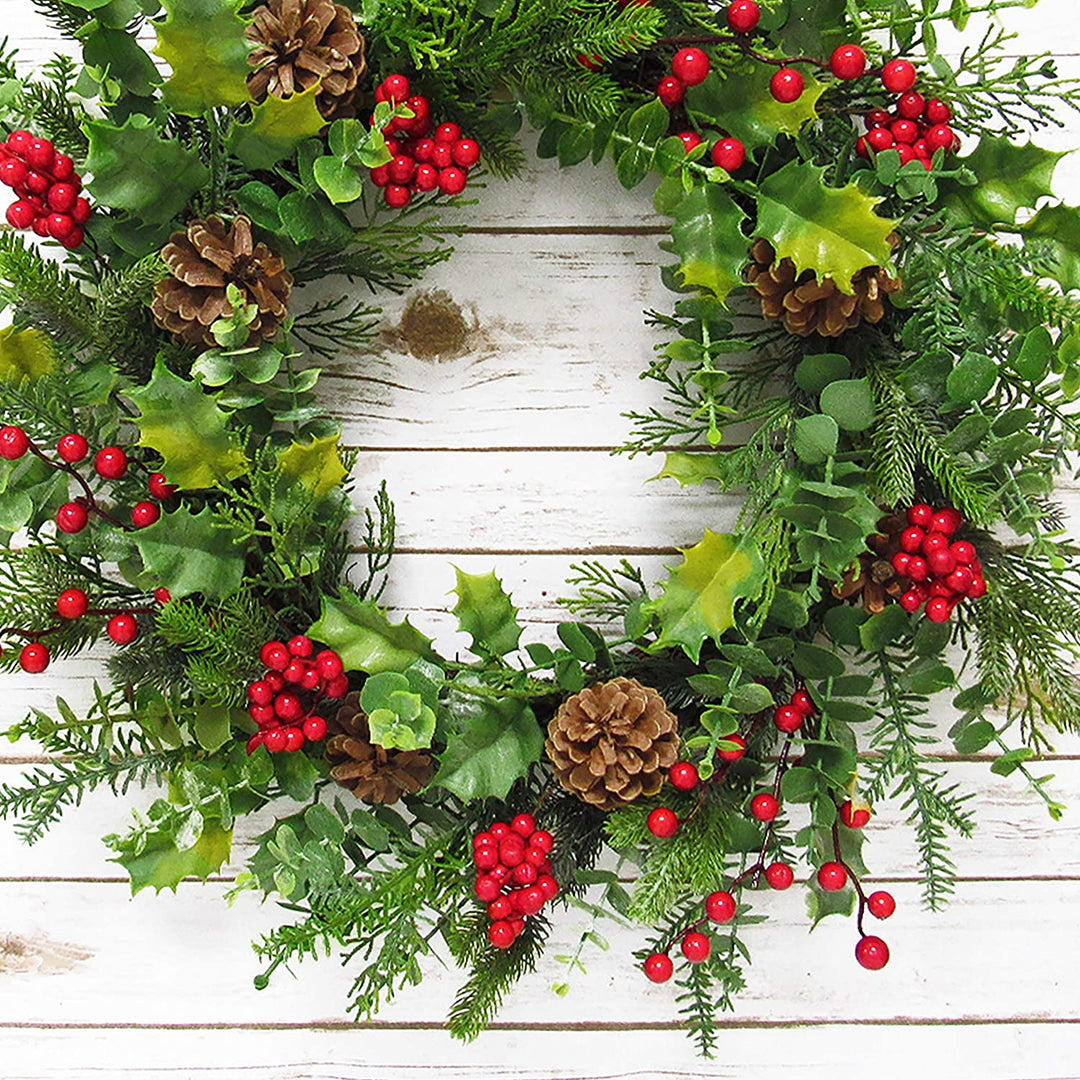 Mixed Berry Pine Cone Eucalyptus Wreath 24in Green Red 24" L X W 5 5" Dp Un lit - Diamond Home USA