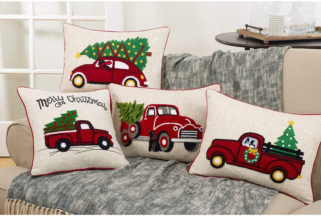 Christmas Vintage Red Truck Down Filled Throw Pillow Color Embroidered Quotes Sayings Classic Traditional Cotton Polyester One Removable Cover - Diamond Home USA