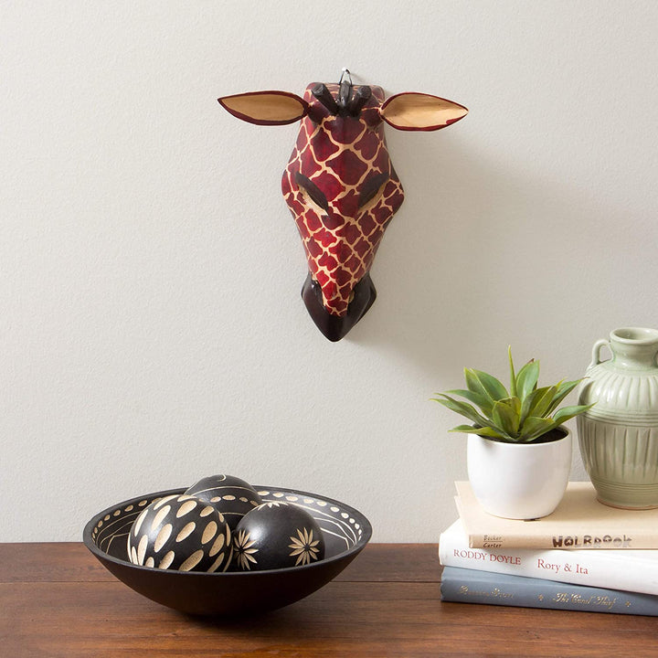 Hand Carved Wood African Giraffe Mask Handmade Red Traditional - Diamond Home USA