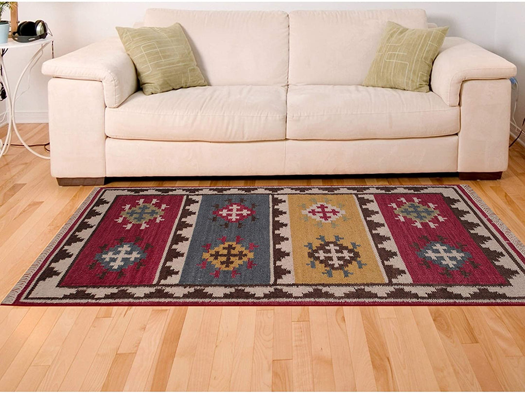 Handmade Vegetable Dye Tribal Wool Kilim Rug (India) 3' X 5' Red Geometric Oriental Cabin Lodge Rectangle Natural Fiber Latex Free - Diamond Home USA