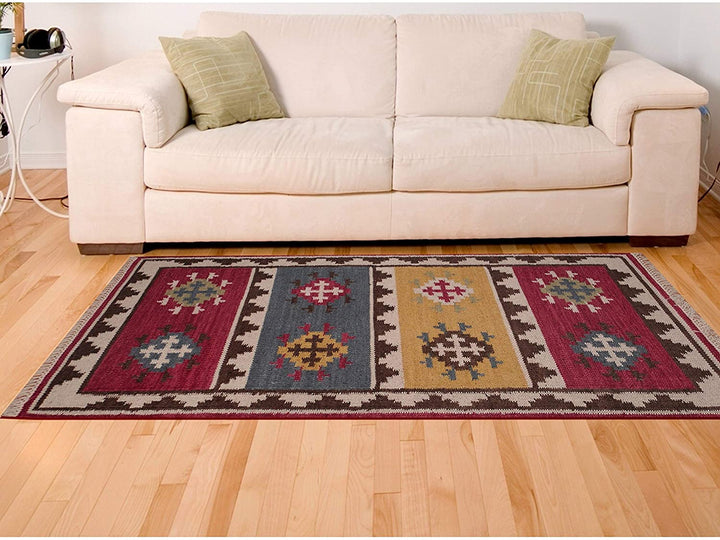 Handmade Vegetable Dye Tribal Wool Kilim Rug (India) 3' X 5' Red Geometric Oriental Cabin Lodge Rectangle Natural Fiber Latex Free - Diamond Home USA