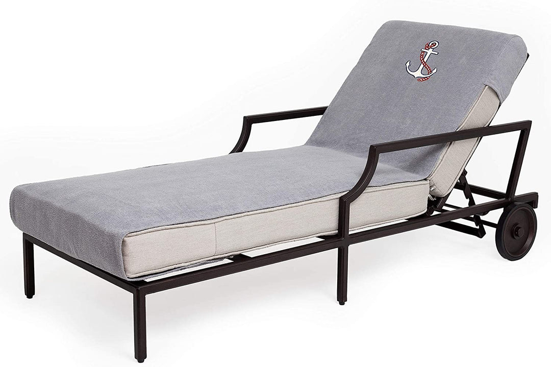Turkish Cotton Embroidered Anchor Grey Towel Cover Chaise Lounge Chair Solid Color Terry Cloth - Diamond Home USA