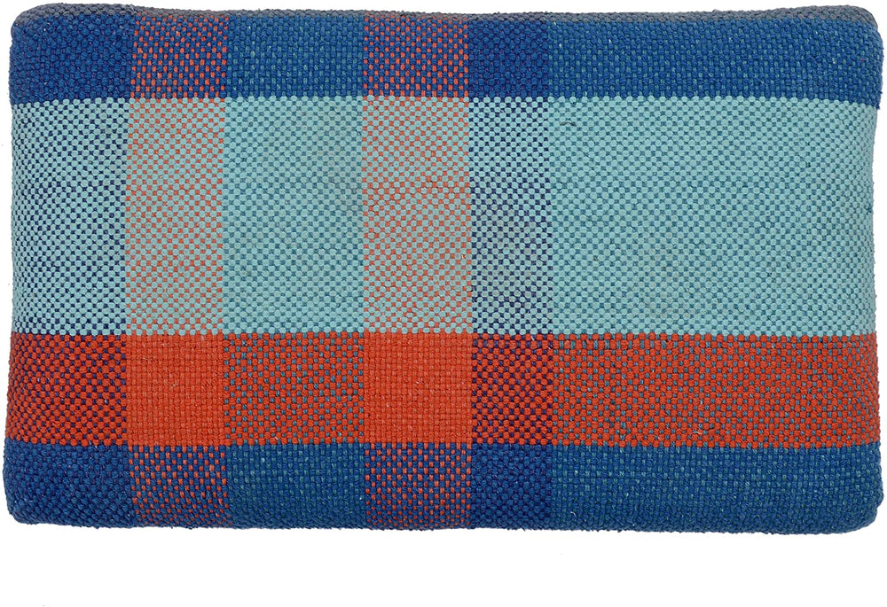 Handmade Cotton Upholstered Wooden Footstool (India) Blue Orange Red Plaid Bohemian Eclectic Transitional Pattern Rectangle Fabric Wood Finish - Diamond Home USA