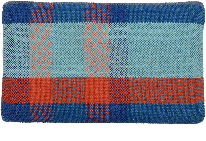 Handmade Cotton Upholstered Wooden Footstool (India) Blue Orange Red Plaid Bohemian Eclectic Transitional Pattern Rectangle Fabric Wood Finish - Diamond Home USA