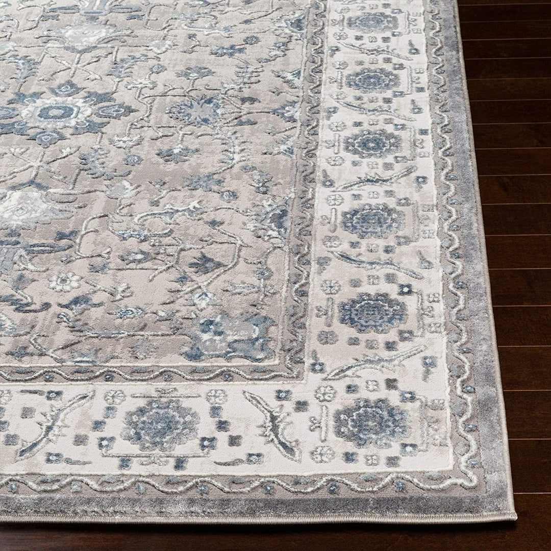 Blue Grey Traditional Area Rug 5'3" X 7'3" White Medallion Oriental Rectangle Polyester Polypropylene Latex Free
