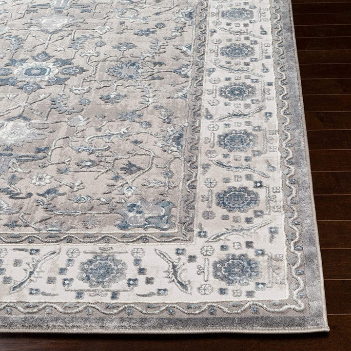 Blue Grey Traditional Area Rug 5'3" X 7'3" White Medallion Oriental Rectangle Polyester Polypropylene Latex Free