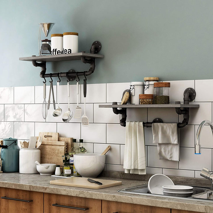 Industrial Grey Floating Wall Shelf Transitional Iron MDF Oak Finish Includes Hardware - Diamond Home USA