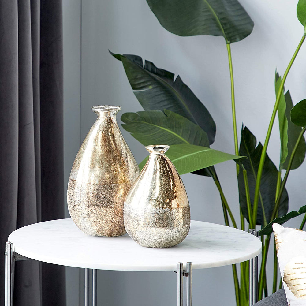 Pear Shaped Glazed Gold Glass Vase Set 2 9" 12" 7 X 12 - Diamond Home USA