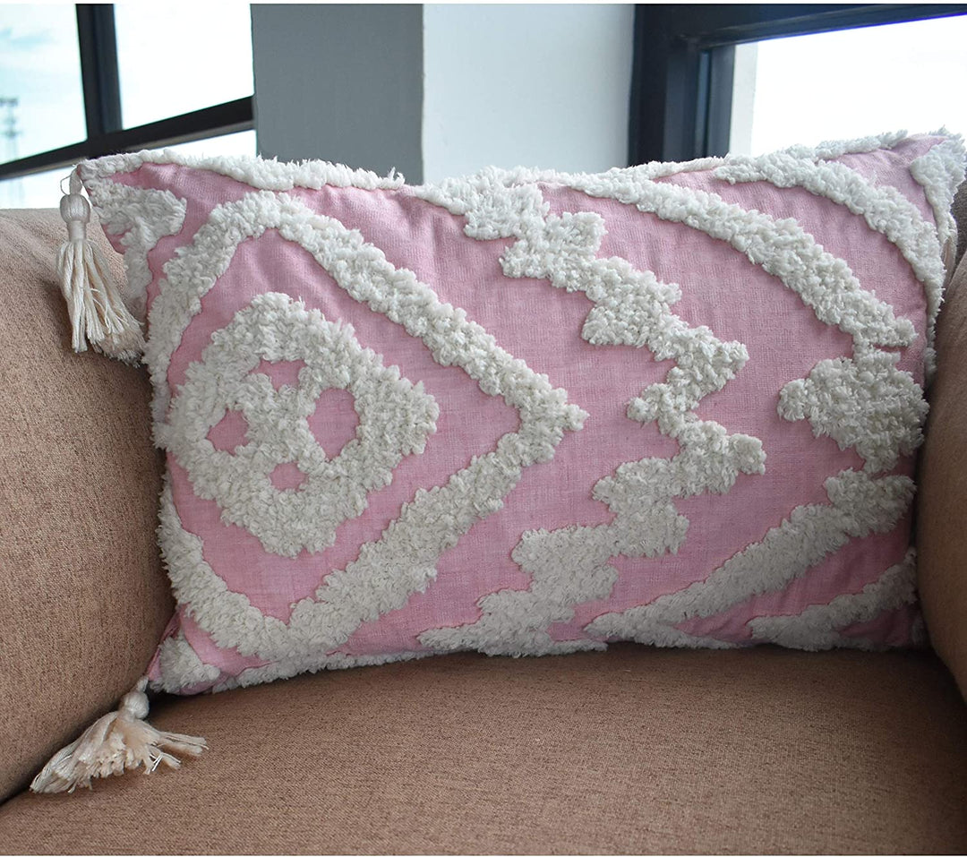 Cording Pink Woven Geometric Embroidery Accent Pillow Bohemian Eclectic Cotton One Removable Cover - Diamond Home USA
