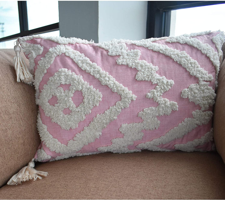 Cording Pink Woven Geometric Embroidery Accent Pillow Bohemian Eclectic Cotton One Removable Cover - Diamond Home USA
