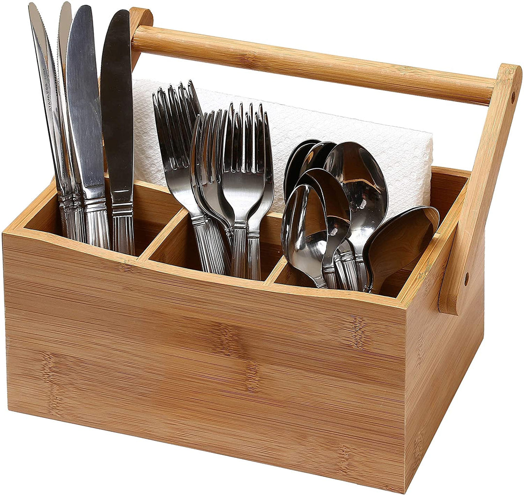 MISC Home 4 Compartment Bamboo Cutlery Napkin Caddy Handle Wood