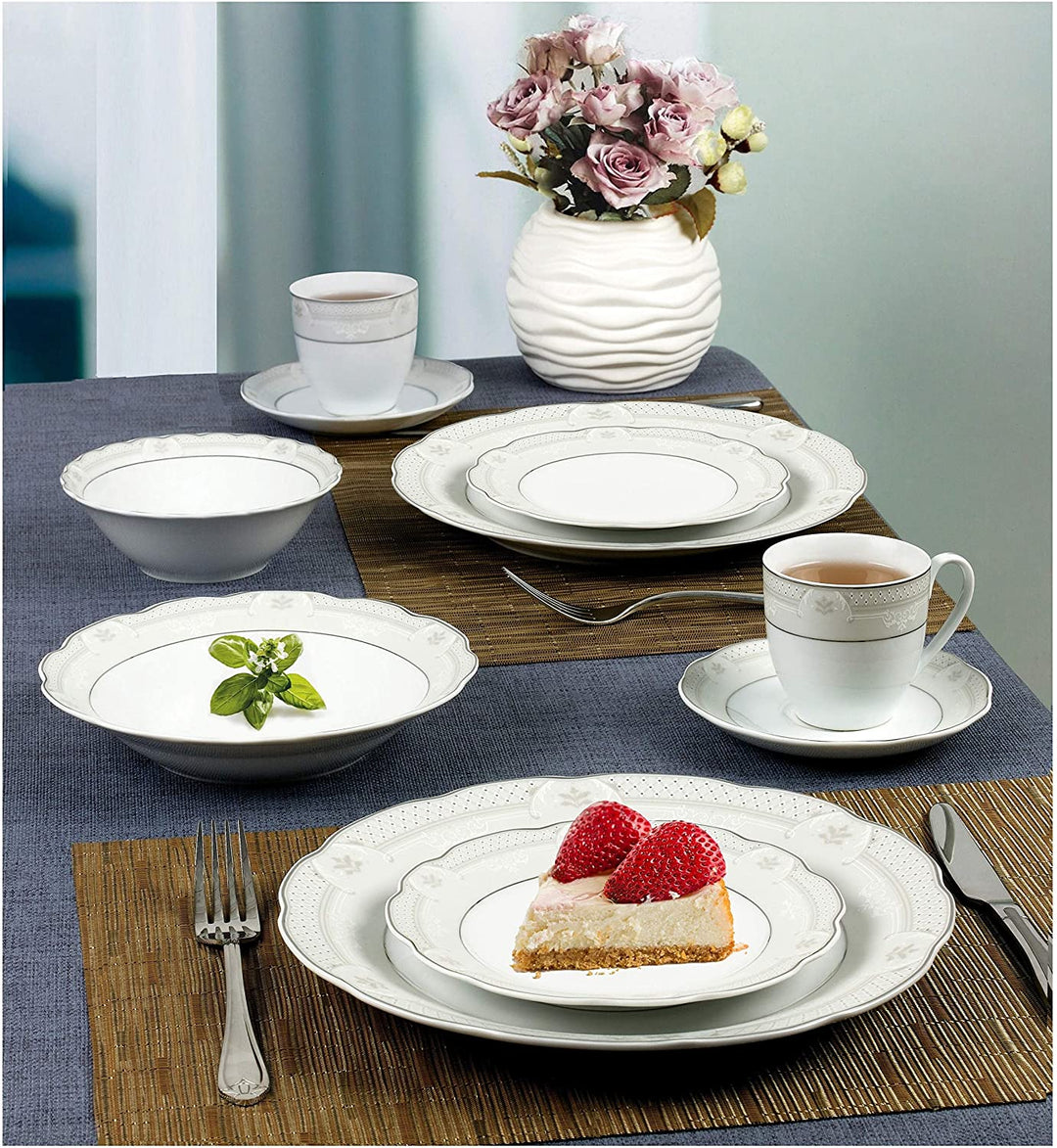 57 Piece Wavy Dinnerware Set Porcelain China Service 8 People Atara Silver Banded Casual Round Porcelain Dishwasher Safe - Diamond Home USA