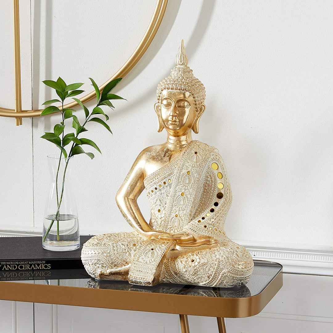 Gold Polystone Sitting Buddha Sculpture 14 5" X 19 5" 14 X 9 20 Resin - Diamond Home USA