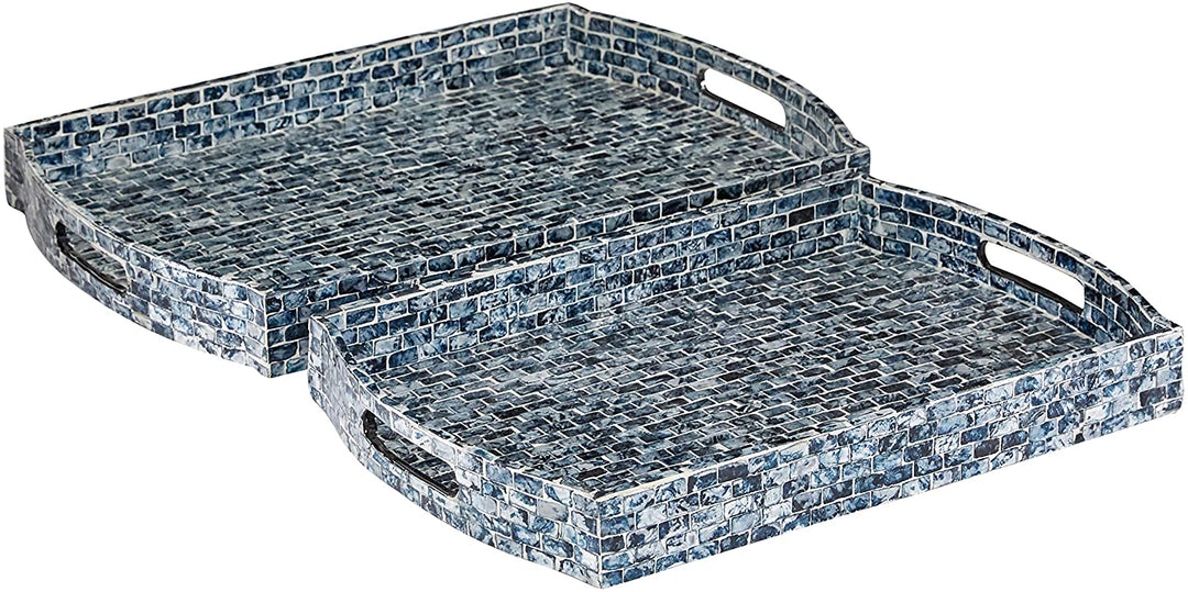 Rectangular Curved Wood Blue Shell Mosaic Patterned Tray Set